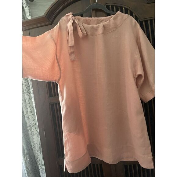 Blush Pink Linen Tunic Women’s Short Sleeve Top Bow Tie Neck Minimalist L/XL - Picture 2 of 7